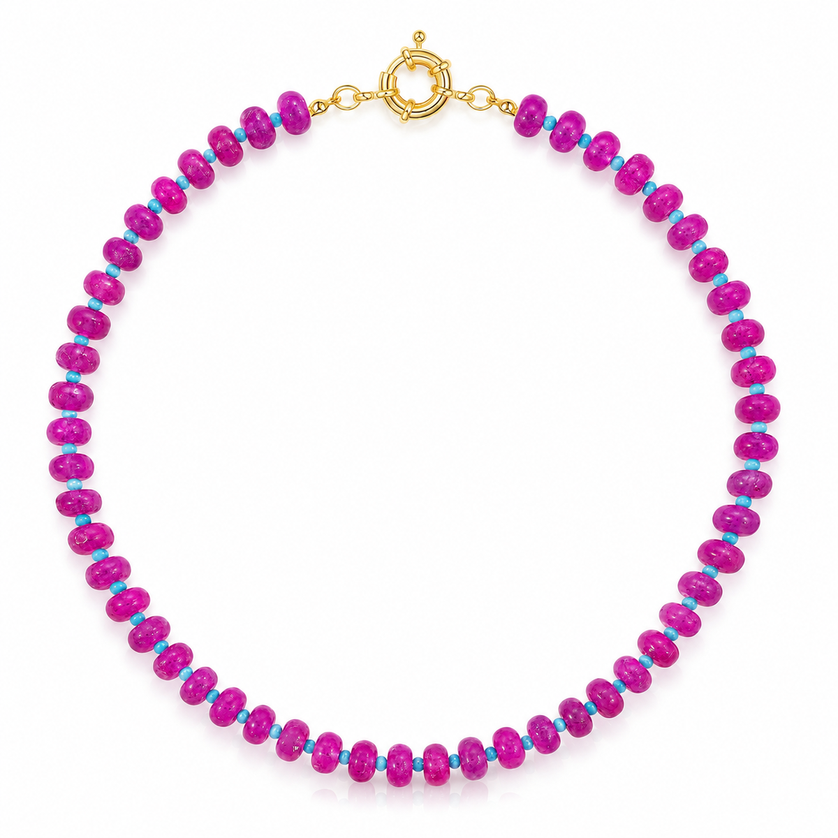 Collar íris de piedras rosas con detalles turquesa y broche dorado